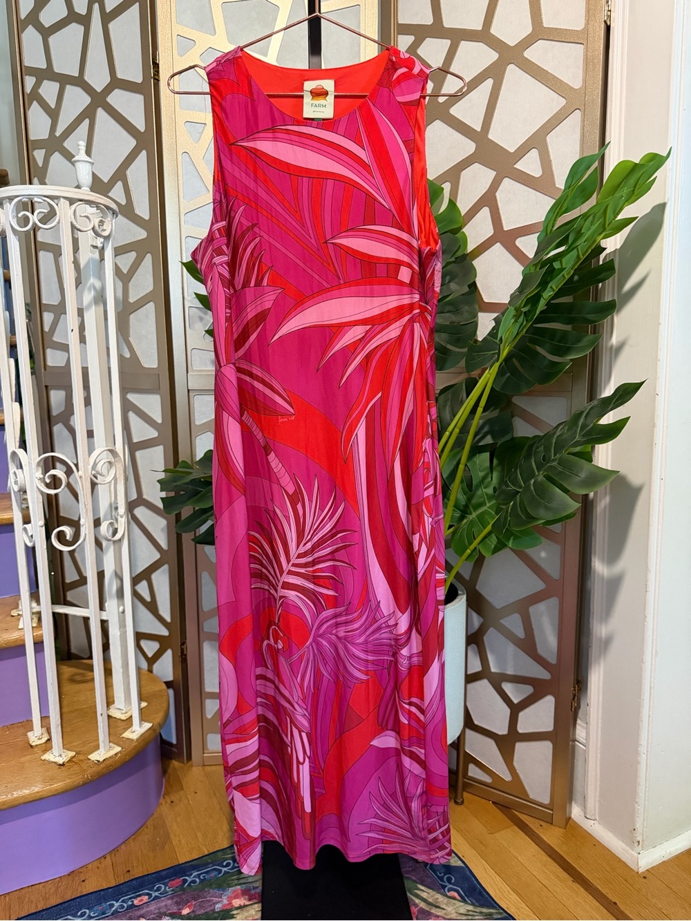 FARM Rio Pink & Red Tropical Leaf Maxi Dress